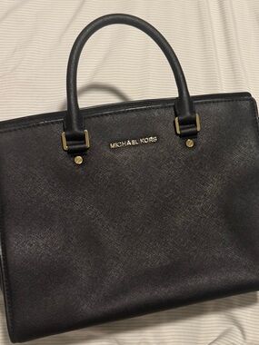 MICHAEL KORS Black Saffiano Satchel with Gold Hardware
